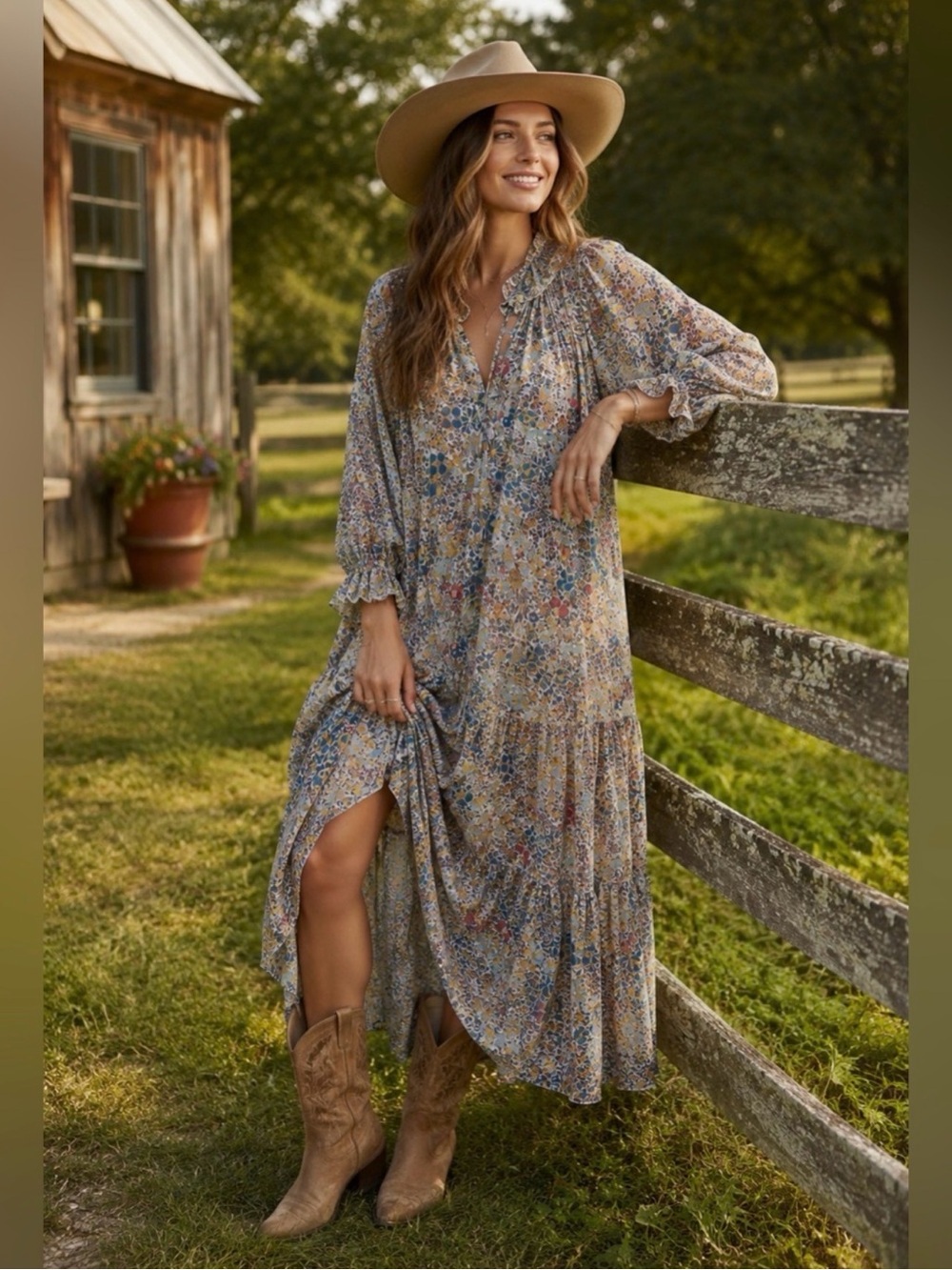 Free People Feeling Groovy Floral Tiered Long-Sleeve Maxi Dress Size XS